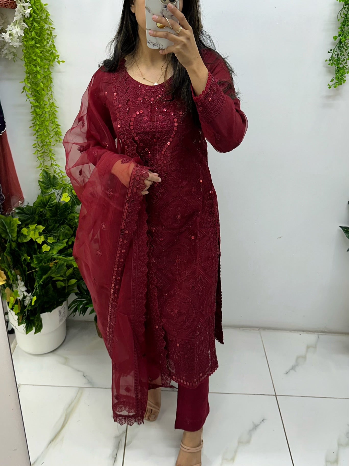 Maroon soft organza set