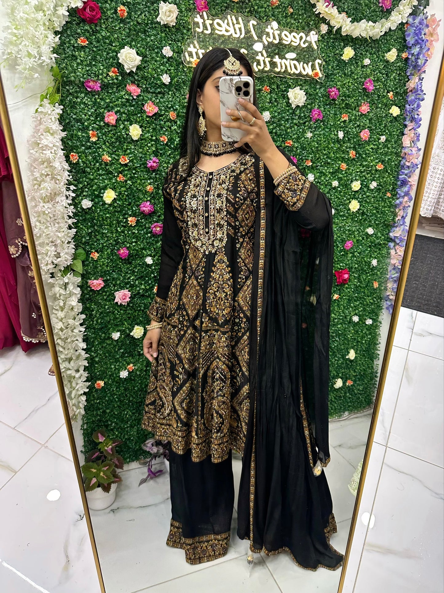 Black heavy embroidered party suit