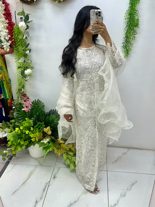 White embroidered & hand work long dress with slits