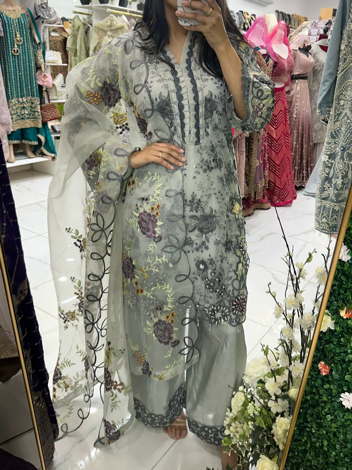Grey floral embroidery organza suit