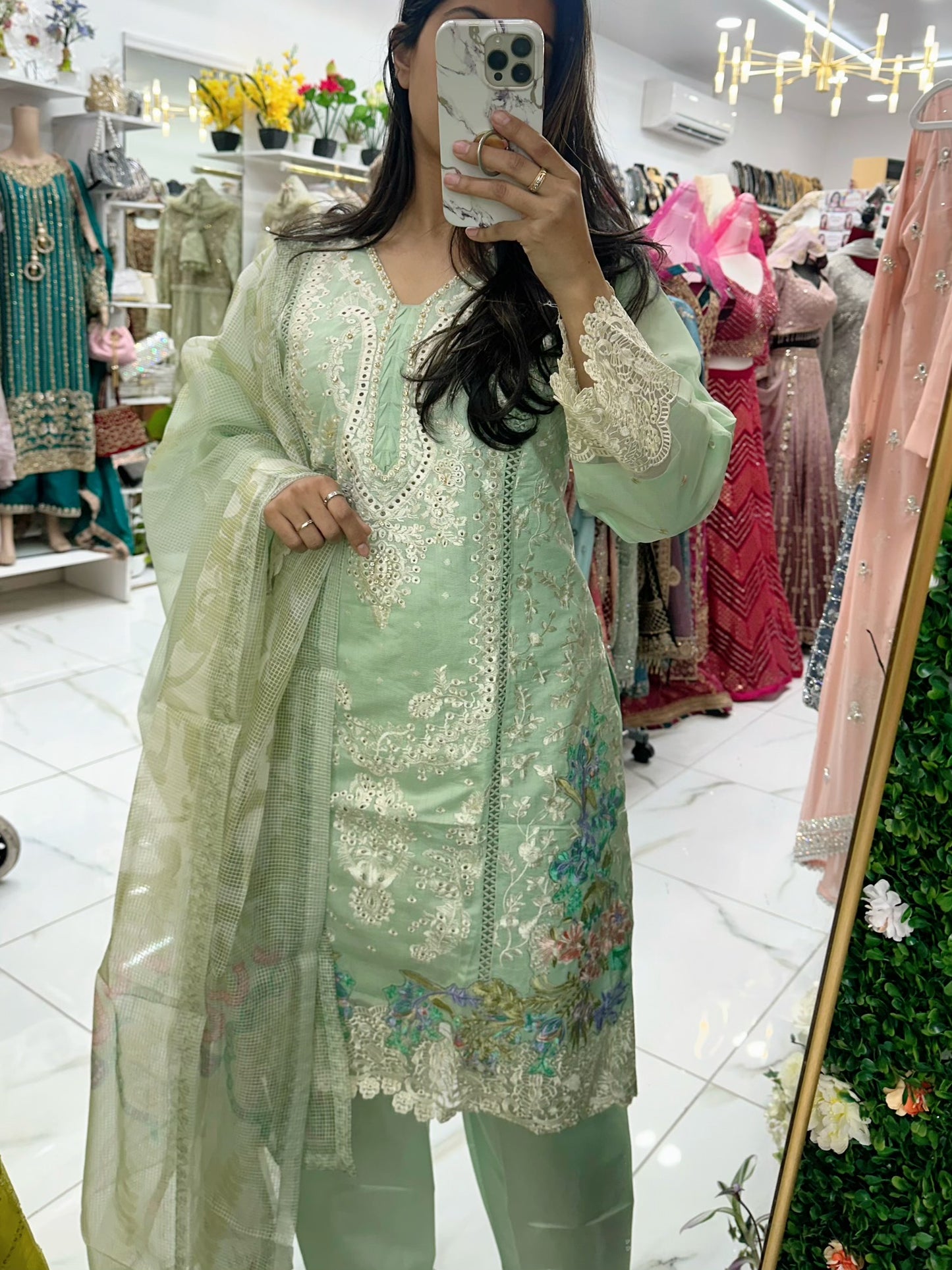 Mint fancy chikankari embroidered lawn suit.