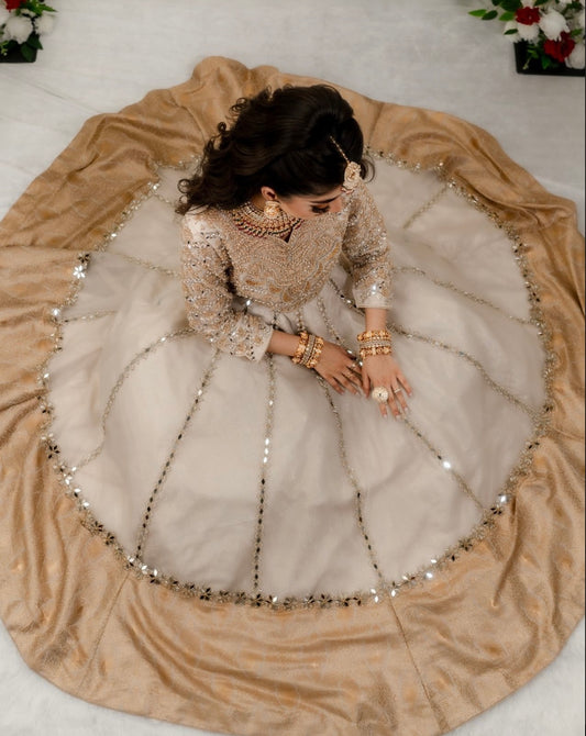 Off white bridal maxi with hand & mirror work