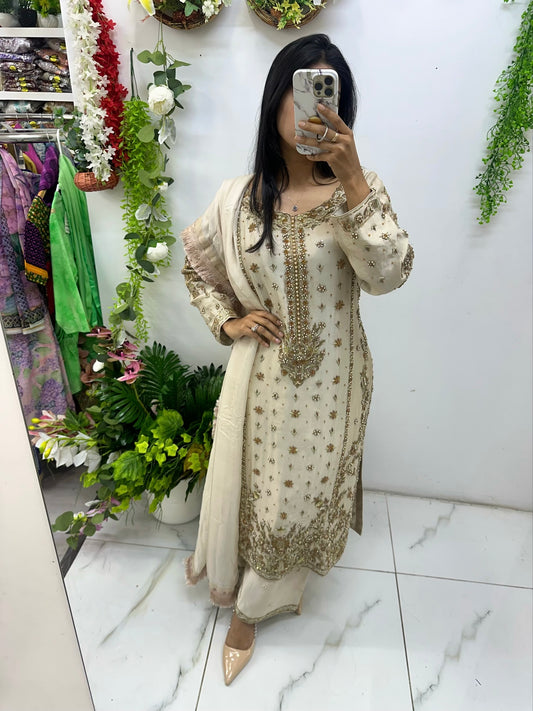 Ivory & gold premium hand work party wear suit