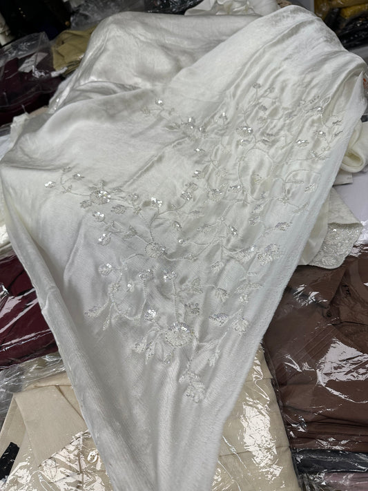 White satin silk hand work bridal saree with duppata