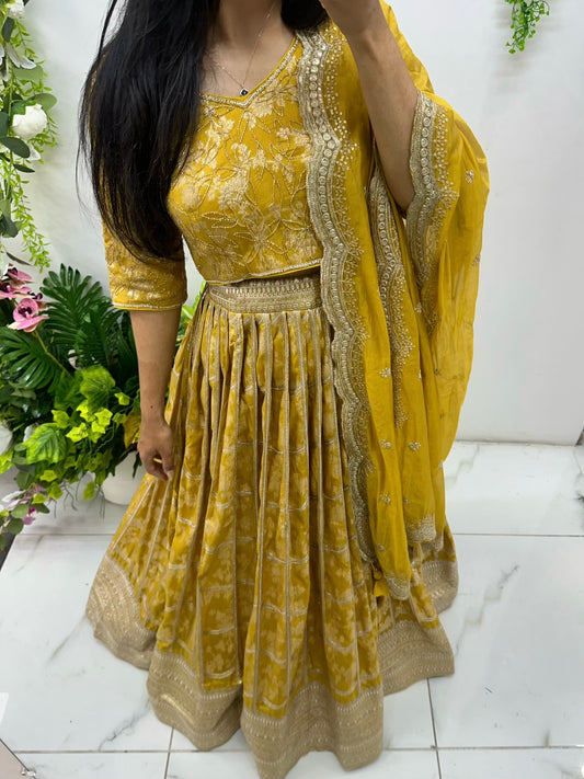 Mustard yellow Banarasi hand work lehenga