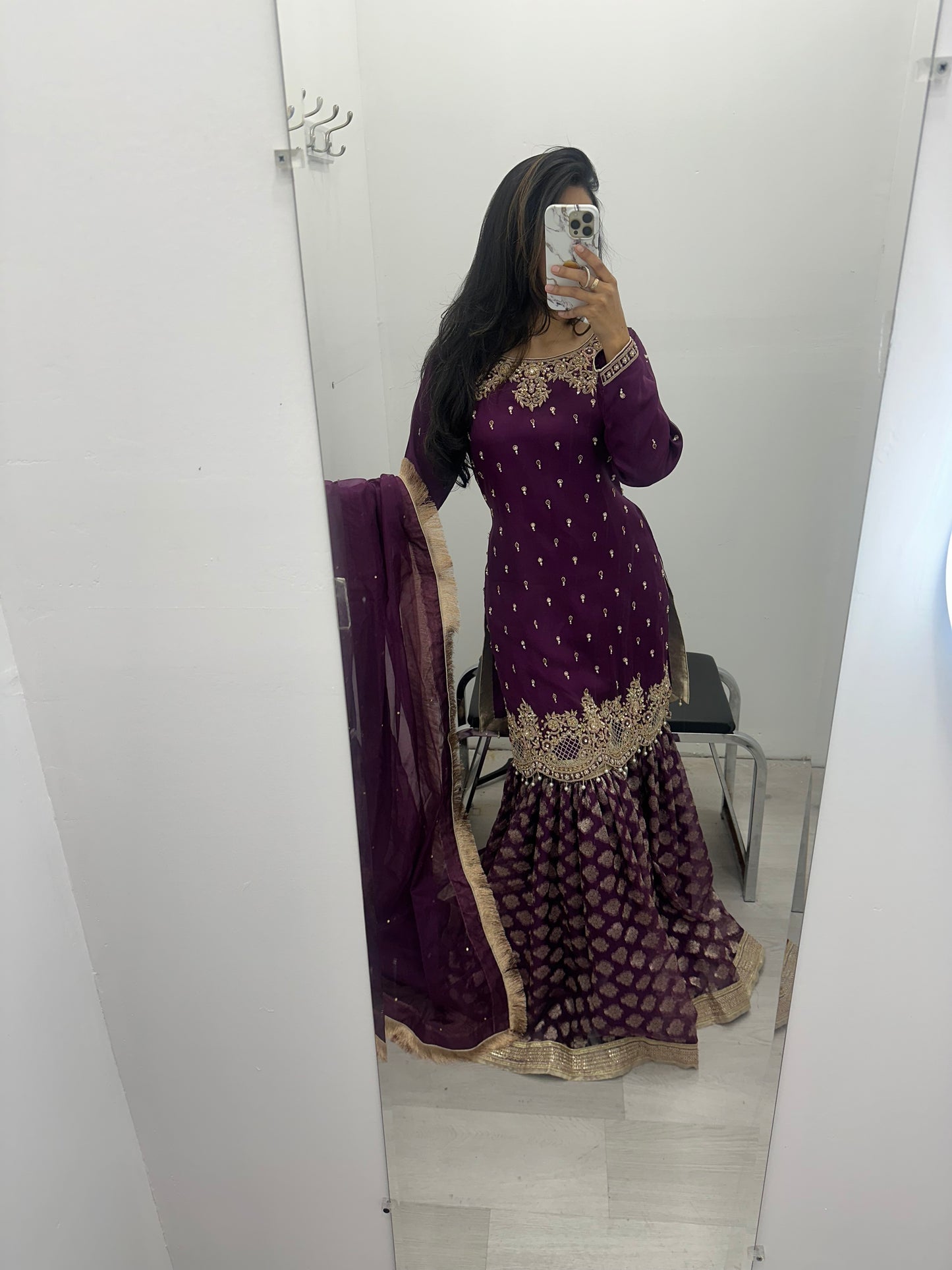 Party wear gharara in heavy hand work. Kameez shimmer organza with soft organza duppata & brocade zuthe katan gharara pant