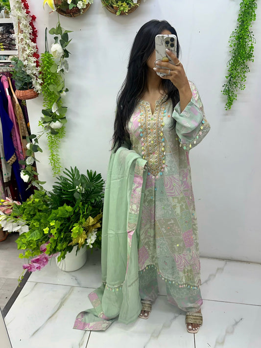 Satin silk digital print suit in green