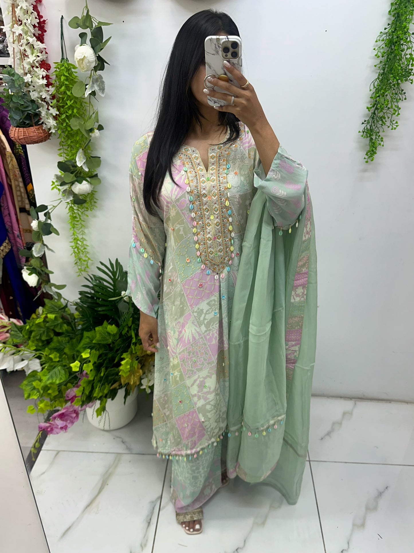 Satin silk digital print suit in green