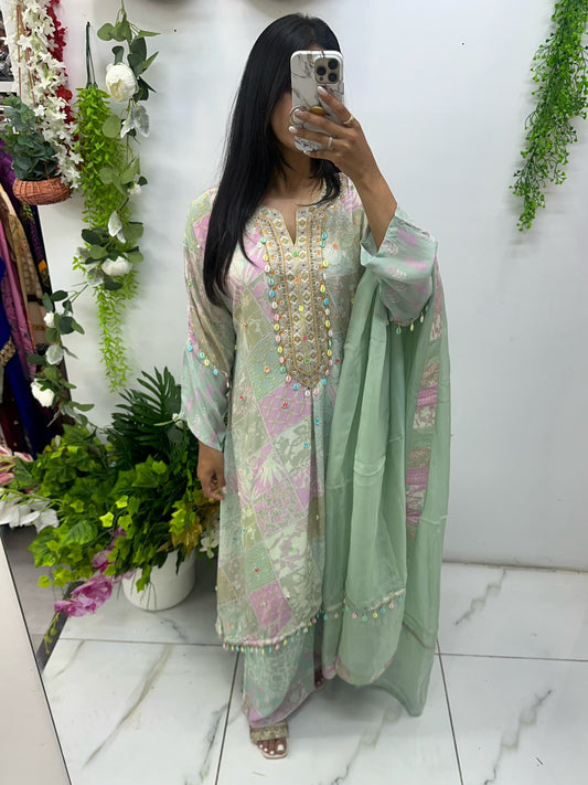 Satin silk digital print suit in green
