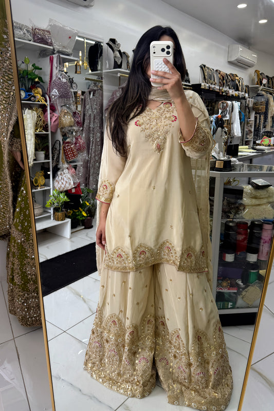 Cream gold sharara suit
