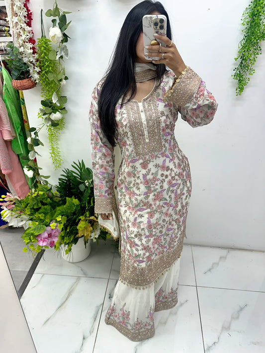 White heavy embroidered mirror suit