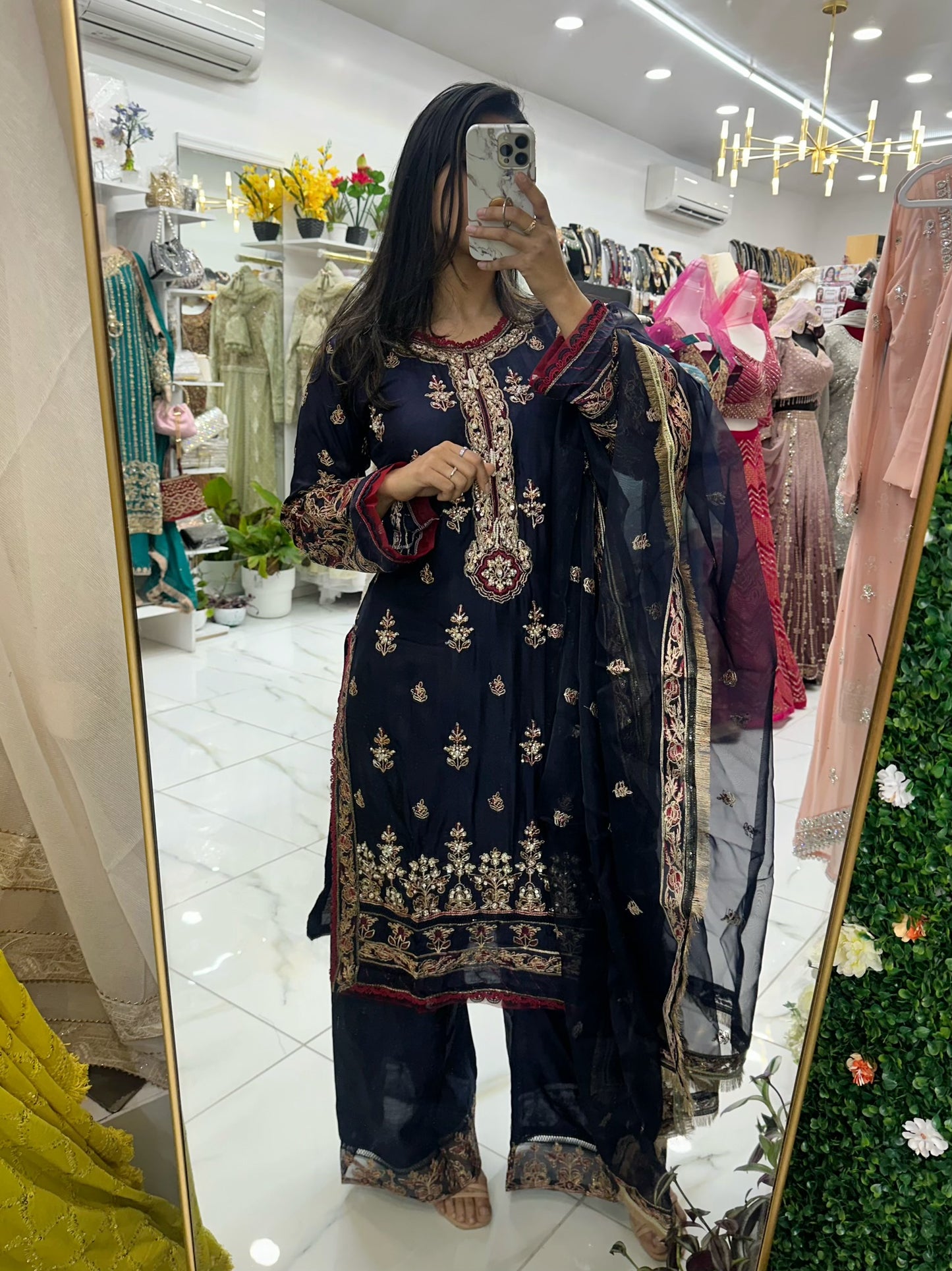 Navy blue silk suit with organza duppata