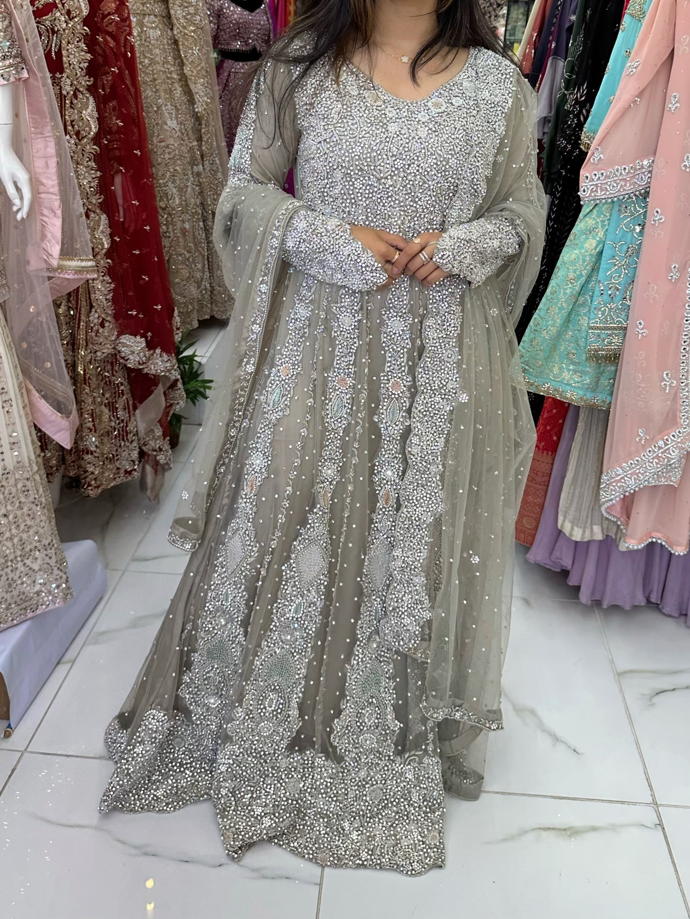 Bridal Light taupe all silver hand work with stone gown
