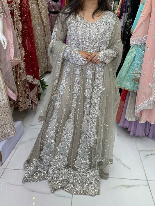 Bridal Light taupe all silver hand work with stone gown