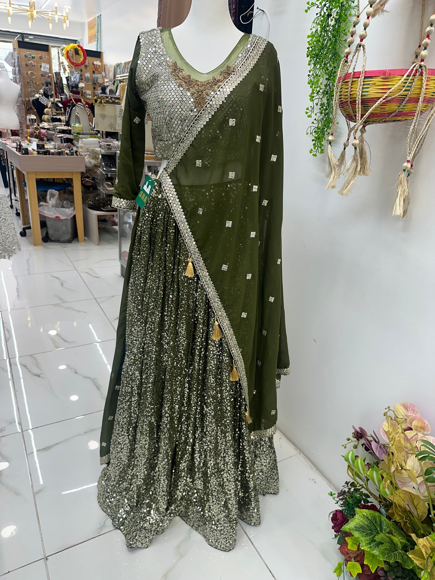 Olive green sequence lehenga
