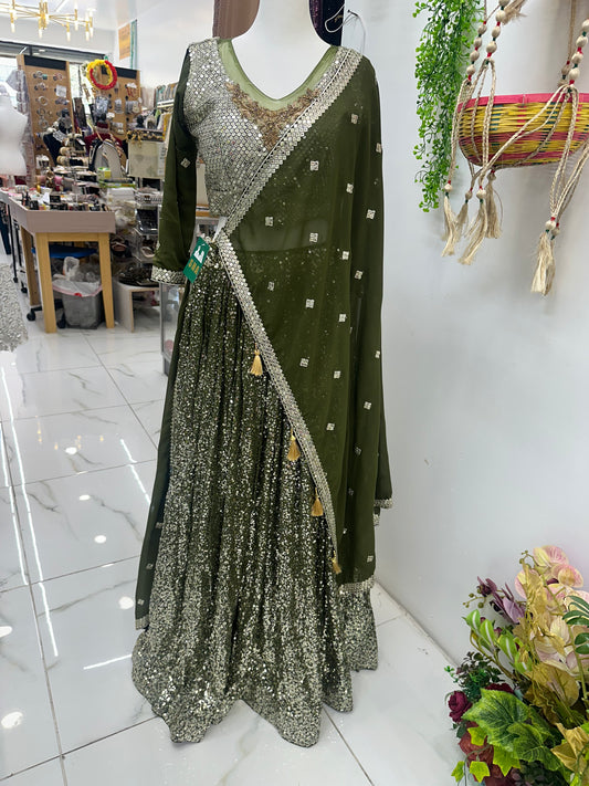 Olive green sequence lehenga
