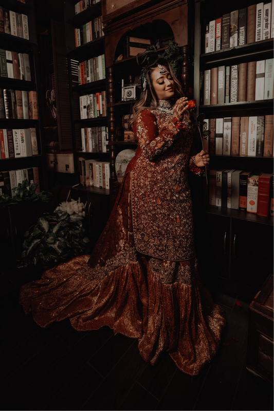Burgundy bridal farsi lehenga with tail