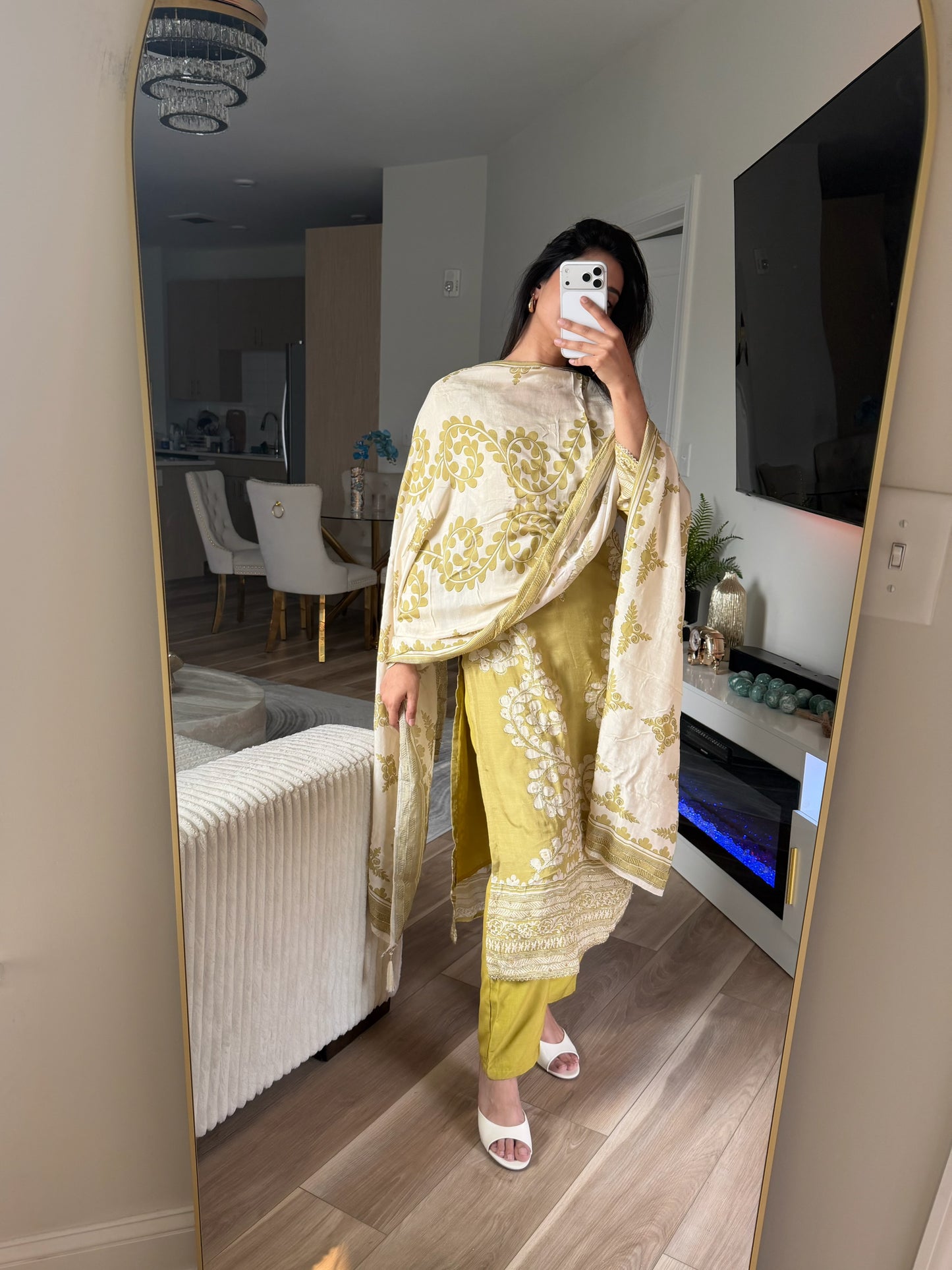 Yellow white modal silk suit