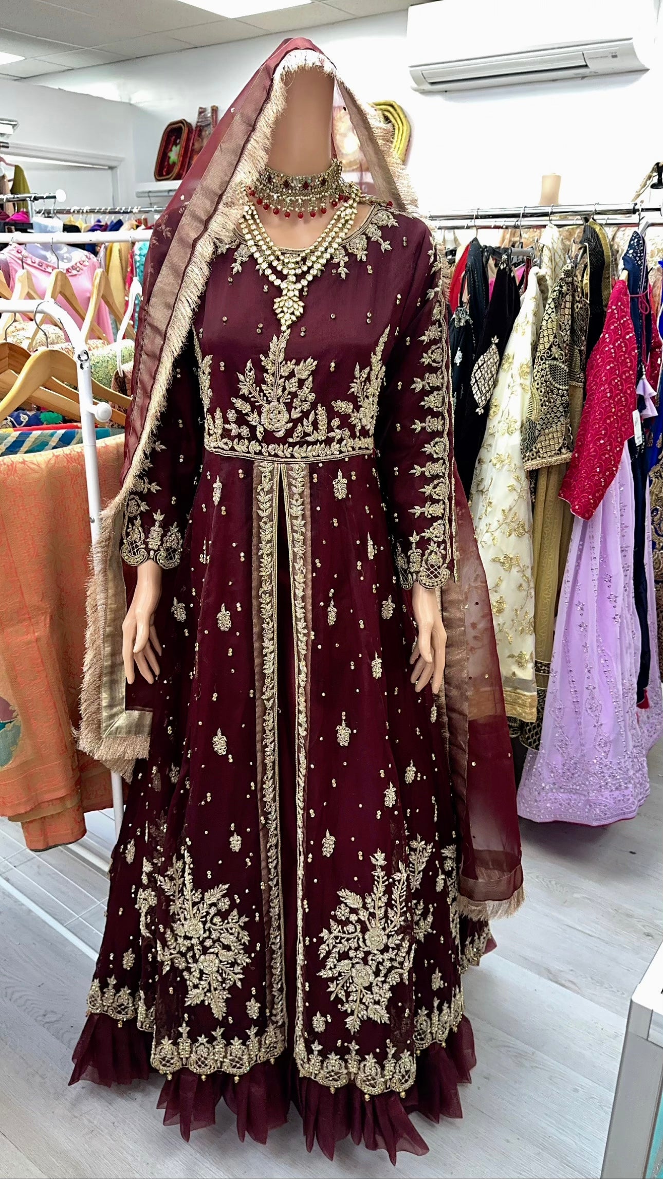 Maroon middle slit bridal gown