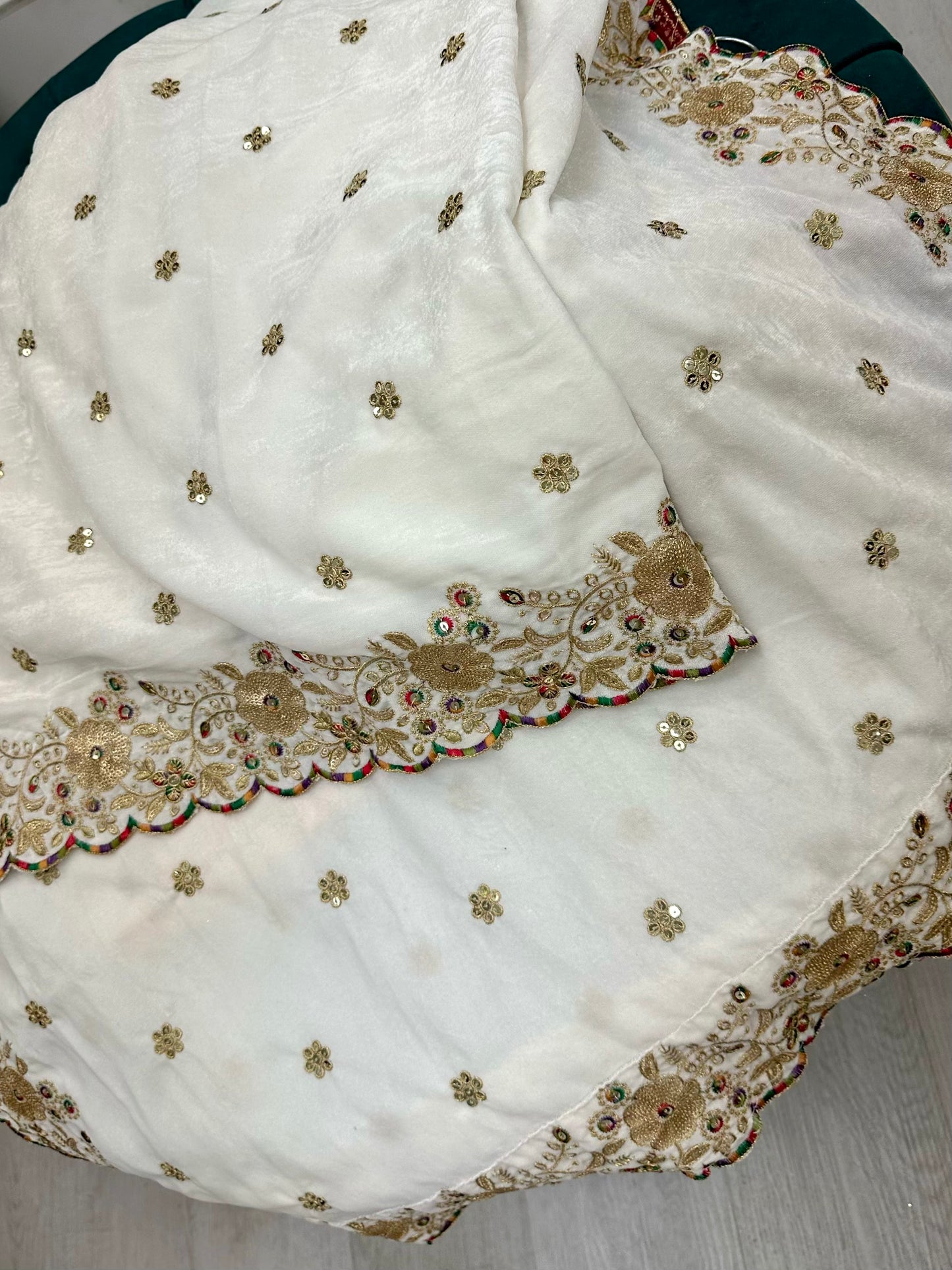 White velevet shawl with sequencing and embroidery work