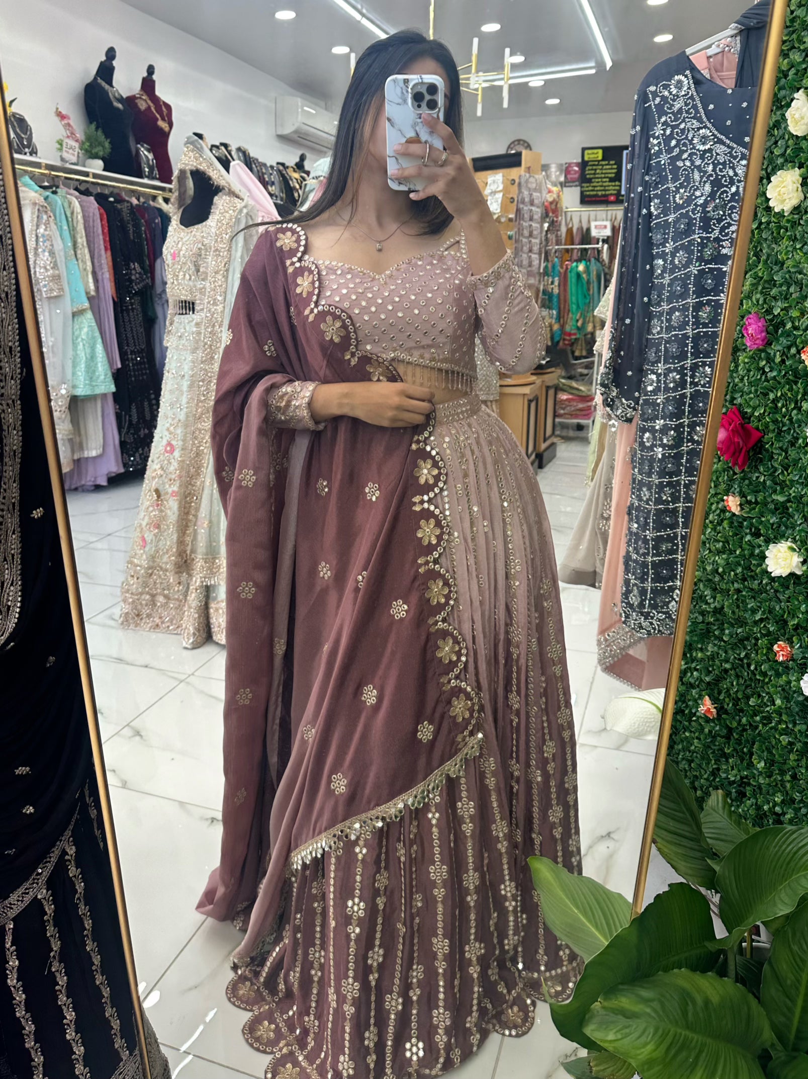 Nude pink and brown shade party wear lehenga – Selina Habibti Attire