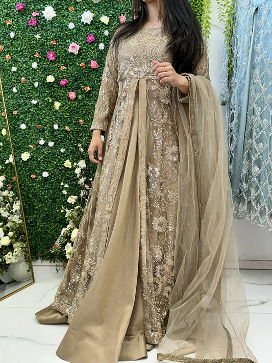 Light taupe lehenga style maxi slit suit