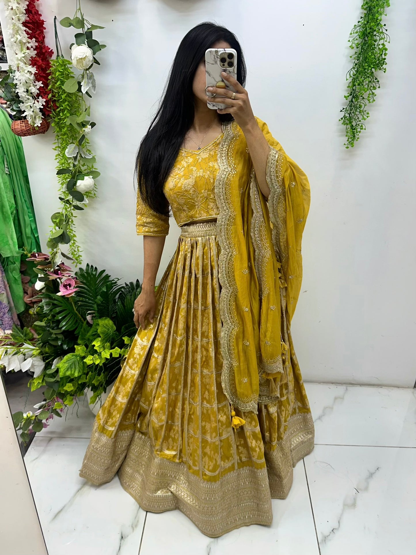 Mustard yellow Banarasi hand work lehenga