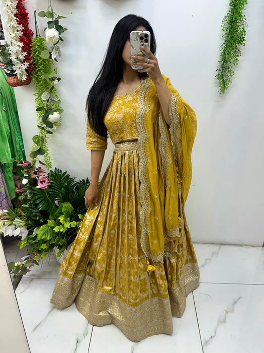 Mustard yellow Banarasi hand work lehenga