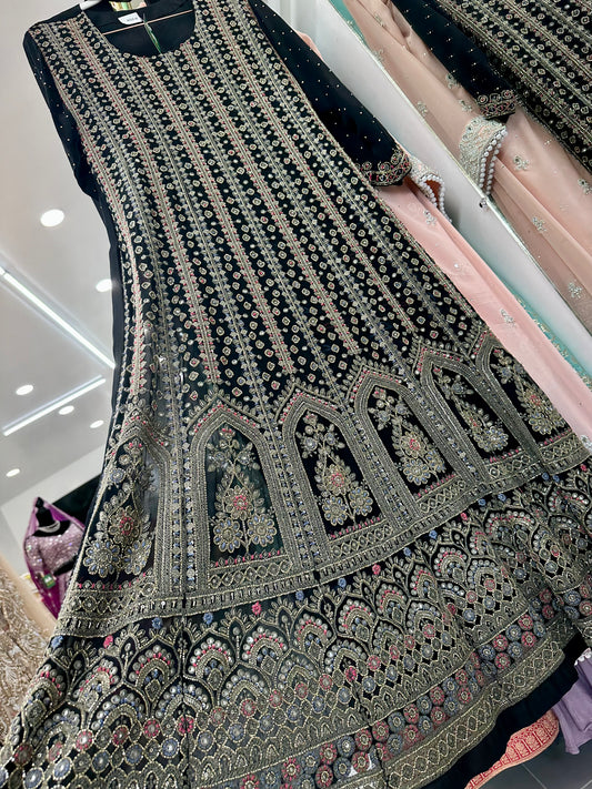 Black lakhnavi work suit with wide leg pants