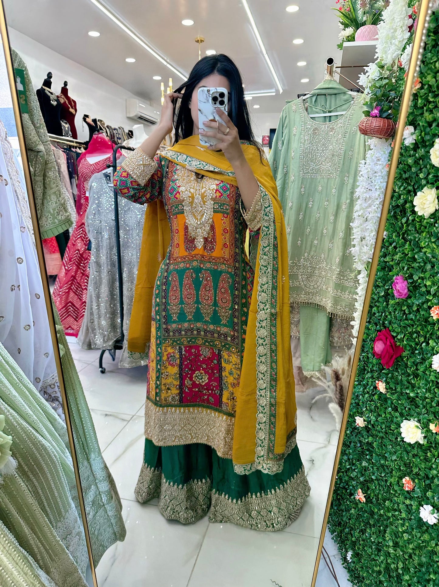 Yellow & green silk suit with mirror work