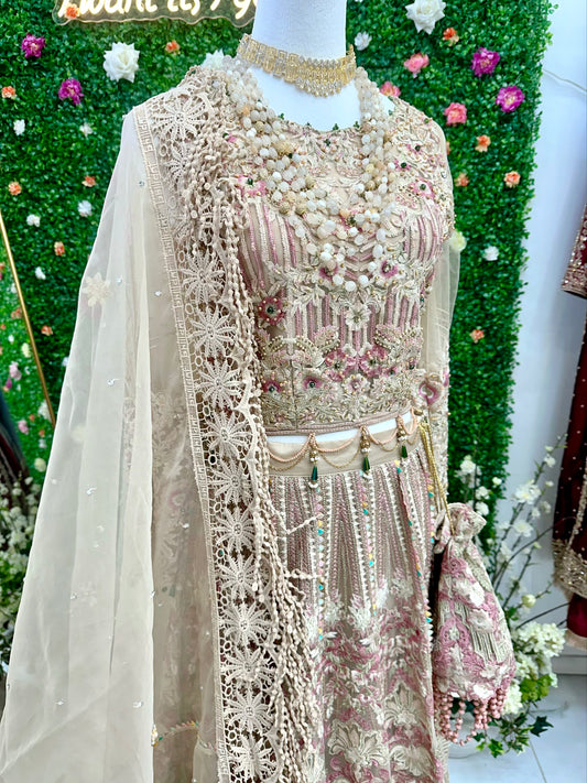 Heavy embroidery pink semi bridal lehenga