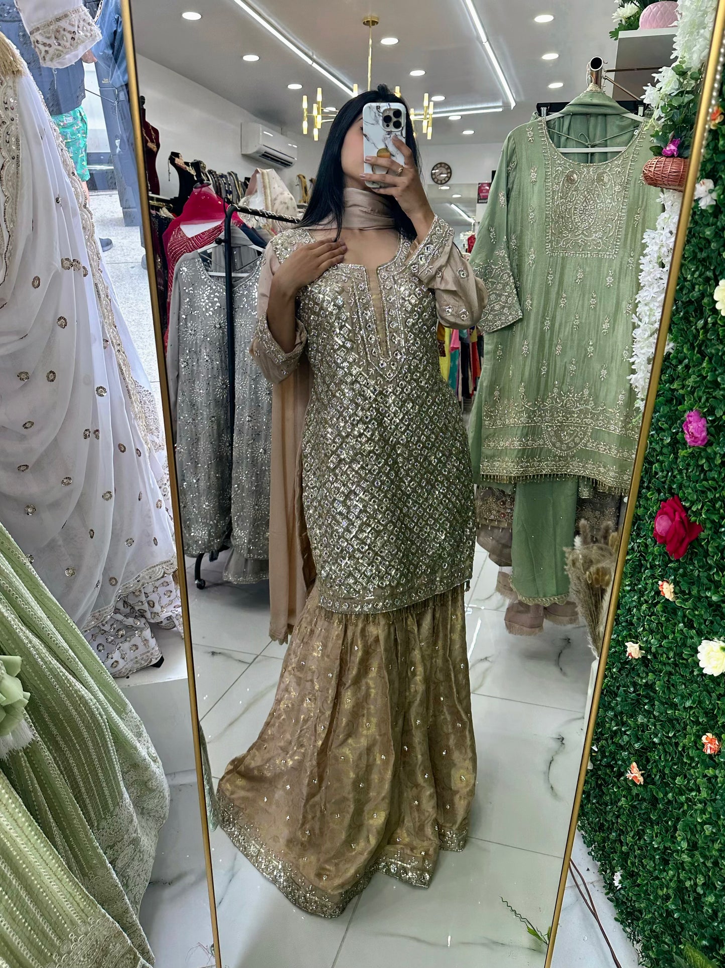 Heavy stone detailing nude gold gharara suit