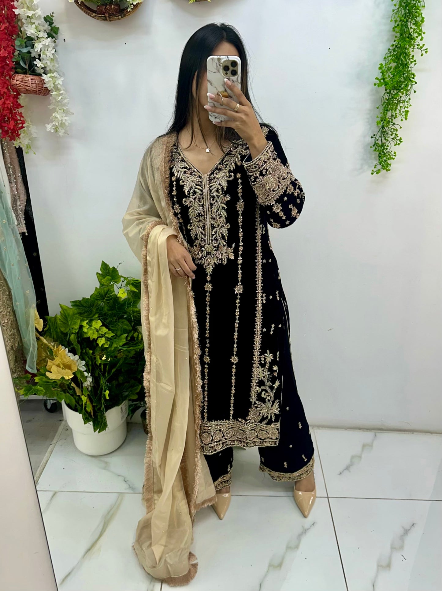 Heavy hand work velvet palazzo suit