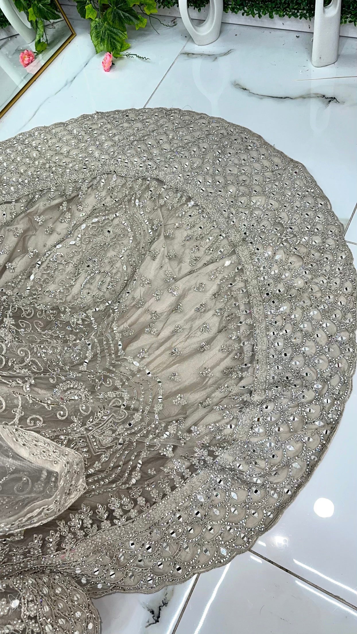 Light beige mirror work & stone bridal tail gown
