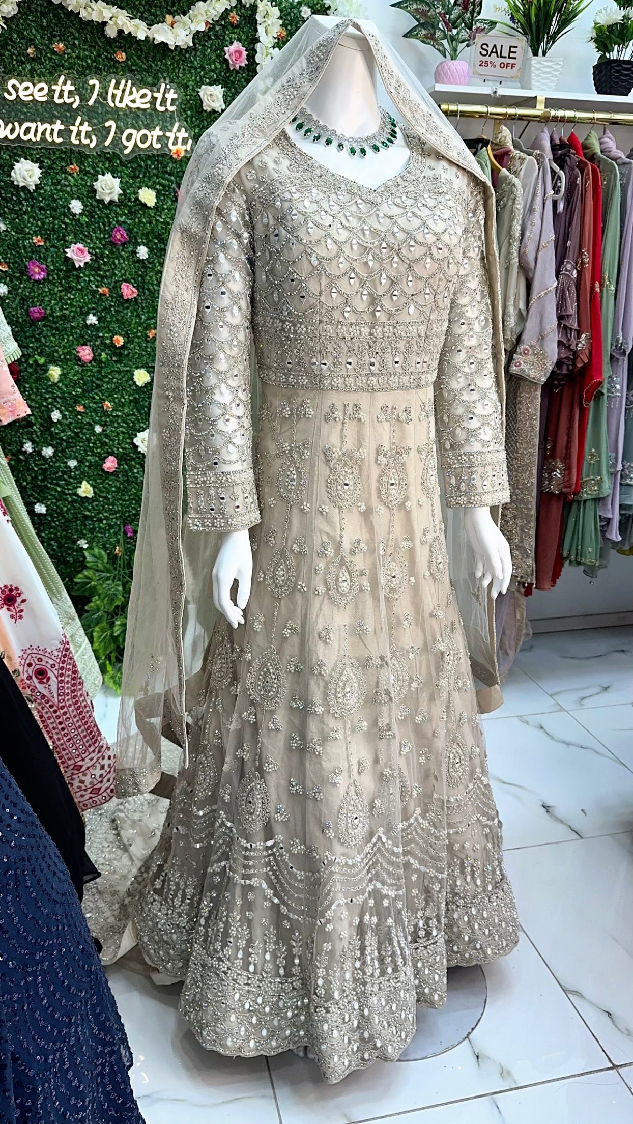 Light beige mirror work & stone bridal tail gown