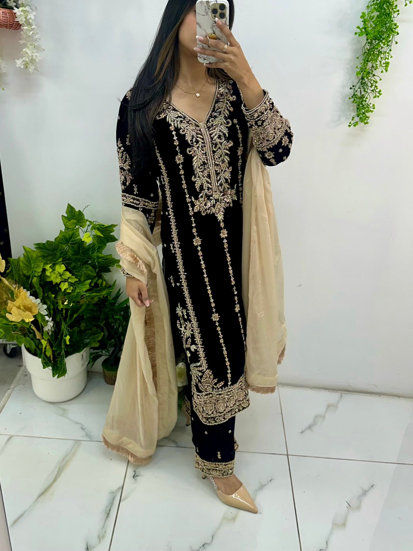 Heavy hand work velvet palazzo suit