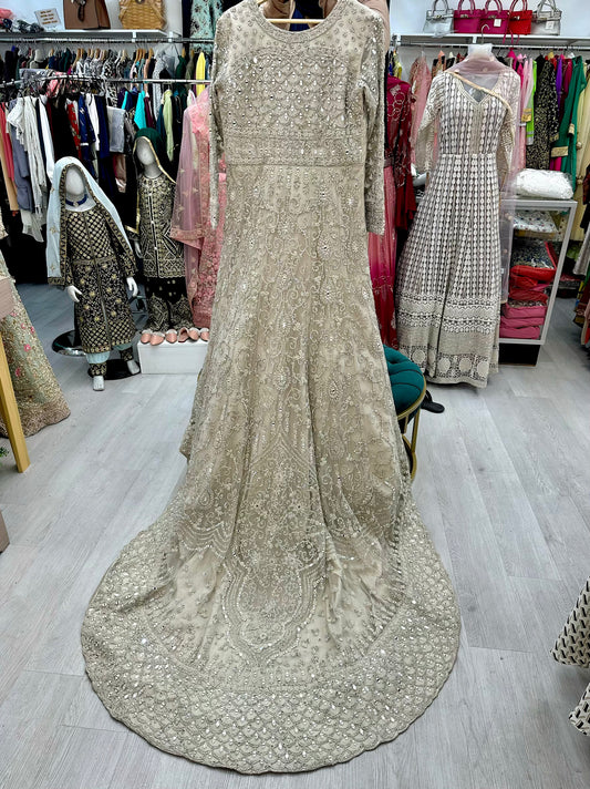 Light beige mirror work & stone bridal tail gown