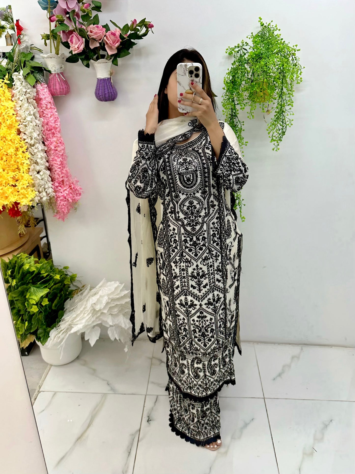 Silk cream and black heavy embroidered sequence suit