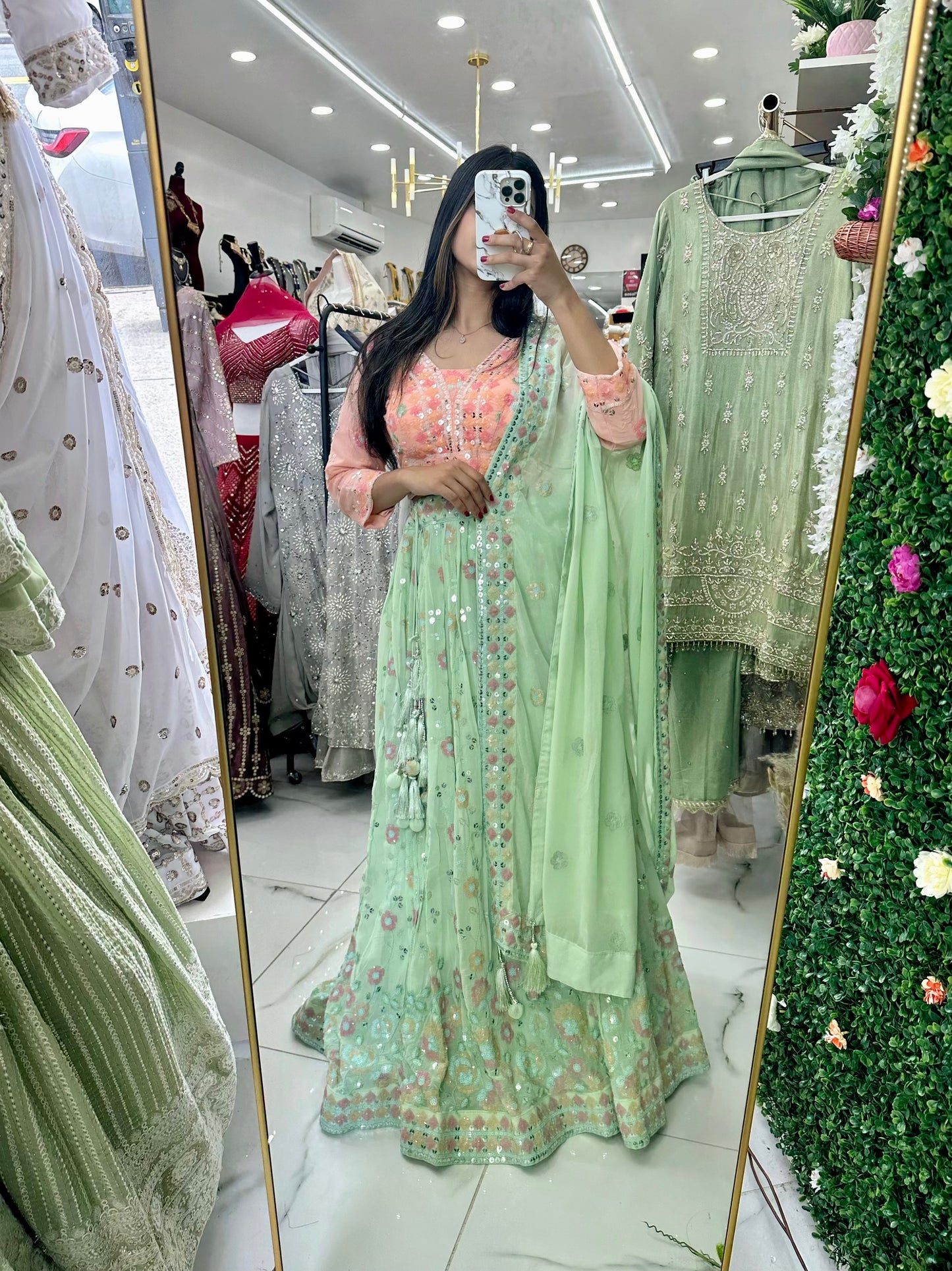 Green and peach contrast georgette party lehenga