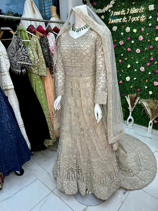 Light beige mirror work & stone bridal tail gown