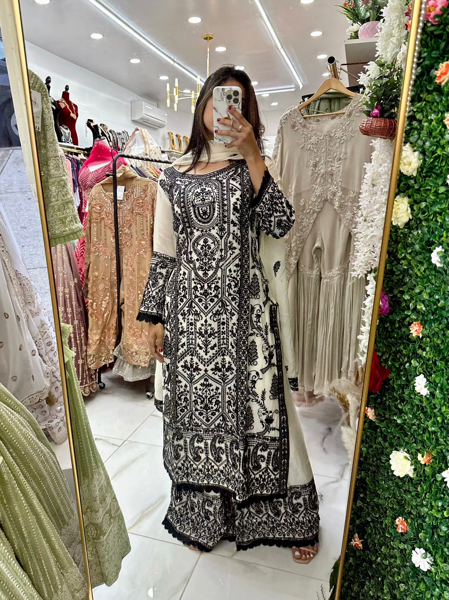 Silk cream and black heavy embroidered sequence suit