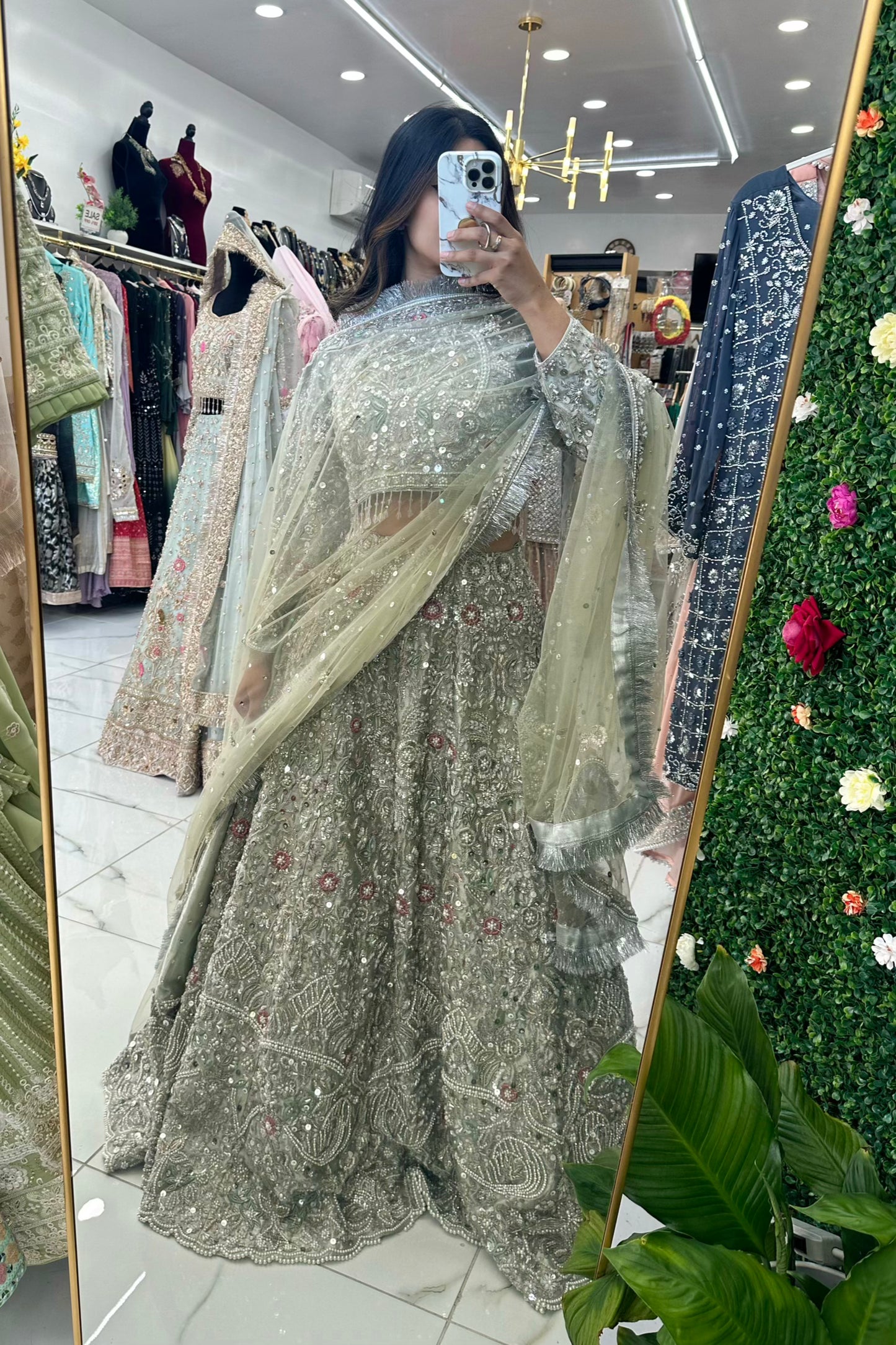 Bridal silver lehenga with heavy jewelry bead work