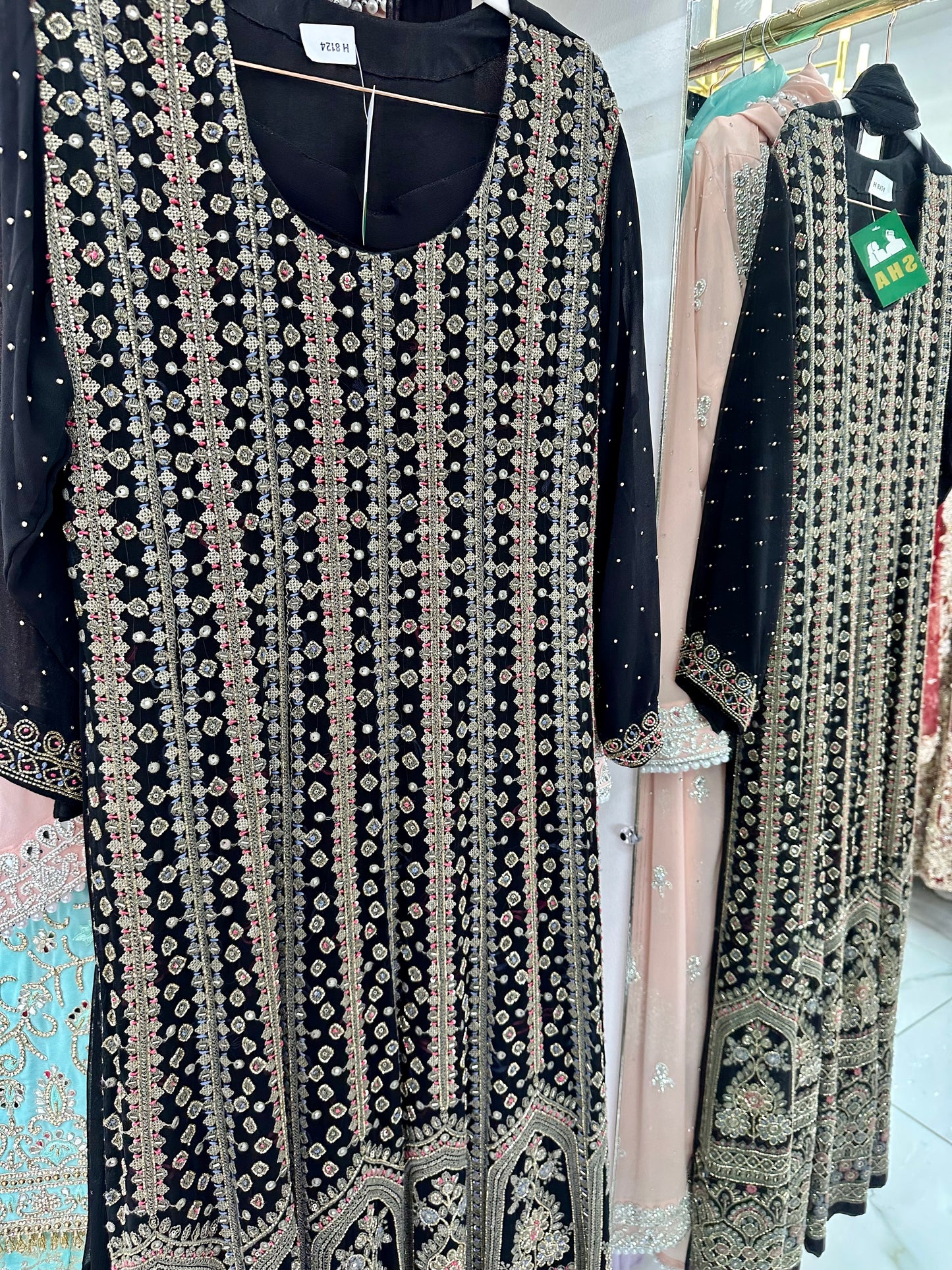 Black lakhnavi work suit with wide leg pants