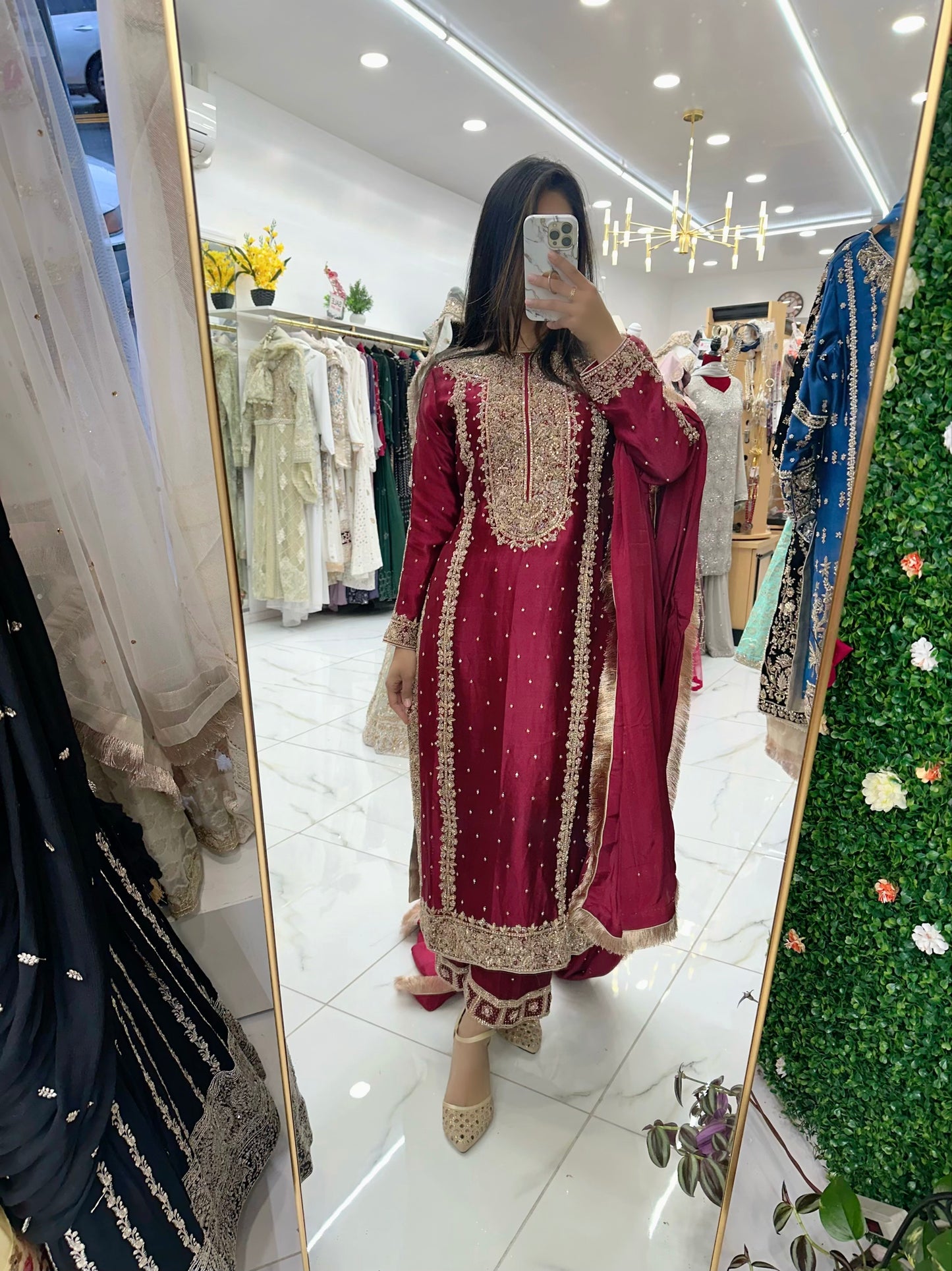 Maroon silk heavy hand work party suit