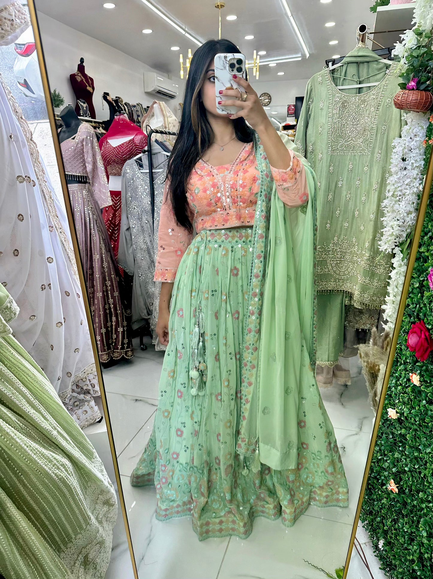 Green and peach contrast georgette party lehenga