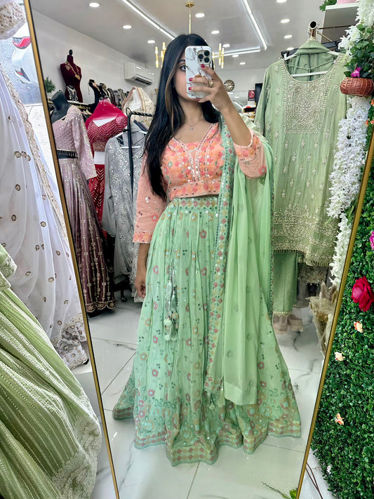 Green and peach contrast georgette party lehenga