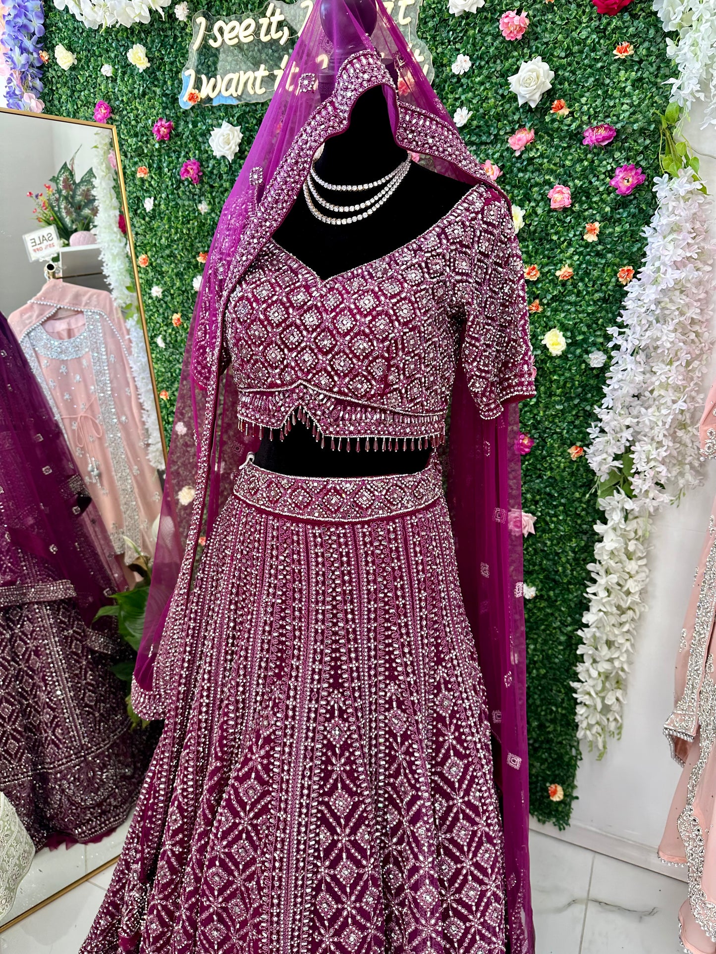 Deep plum heavy stone work bridal lehenga