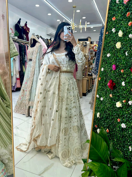 Off white & gold chiffon party wear lehega