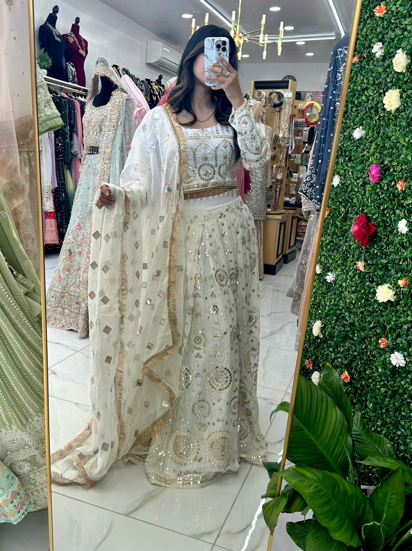 Off white & gold chiffon party wear lehega