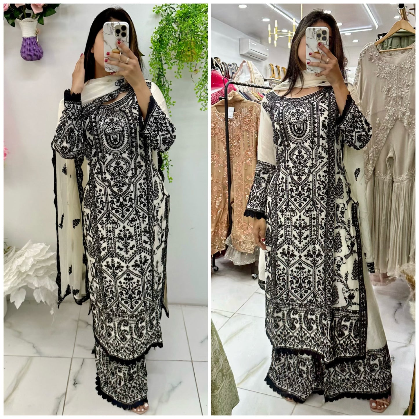 Silk cream and black heavy embroidered sequence suit